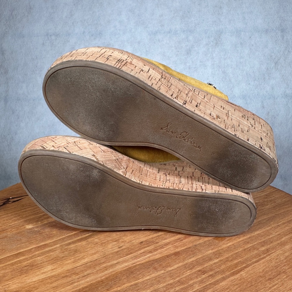 Sam Edelman Ranger Wedge Sandals Womens 9 Yellow Good Suede Cork Platform Mules - Picture 12 of 15